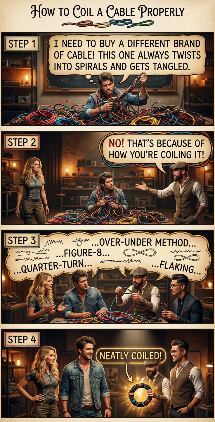 The ideal mix for maximum competitive cable-coiling energy is one A/V tech, one rock climber, one sailor, and one topologist.