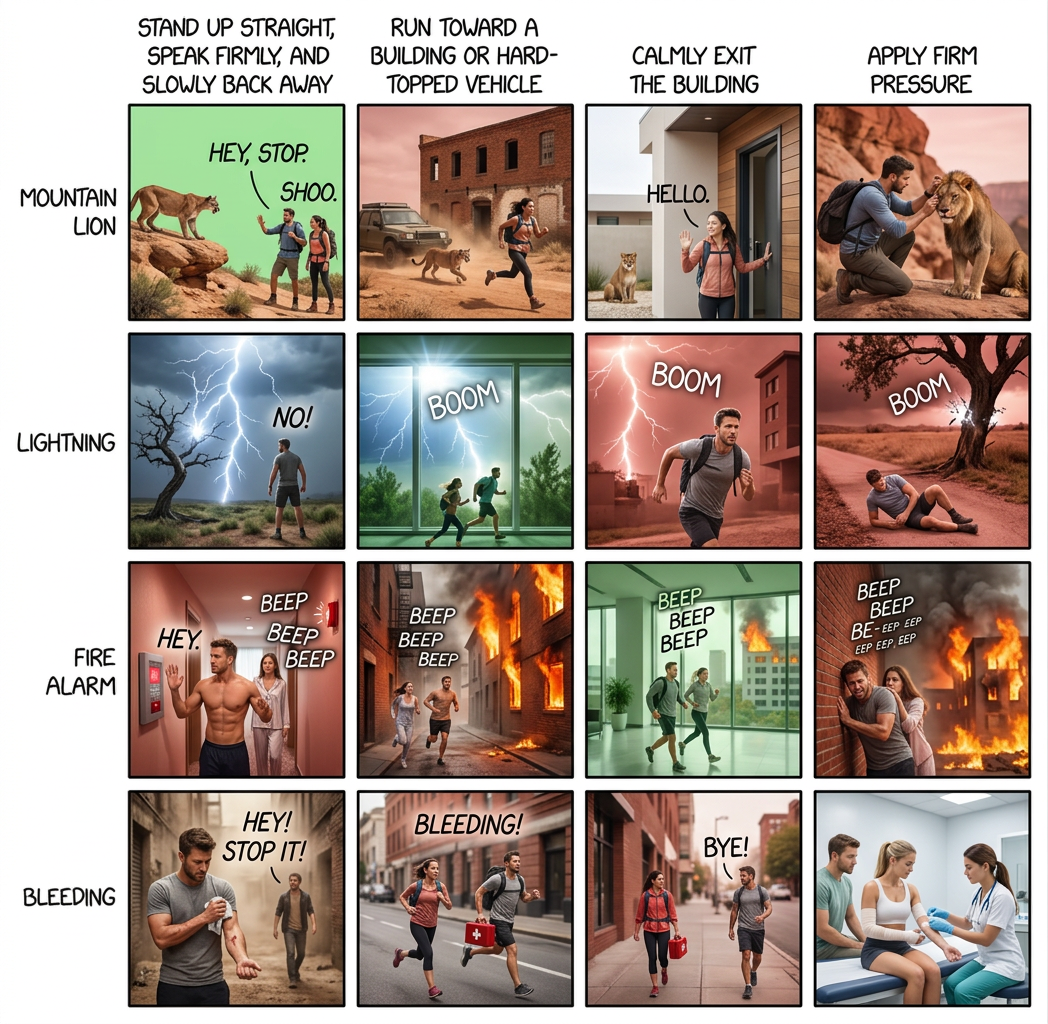 FYI: The 'drop, cover, and hold on' advice only applies to earthquakes. If you encounter a mountain lion, you should absolutely not drop to the ground, crawl under it, and hold on to one of its legs.