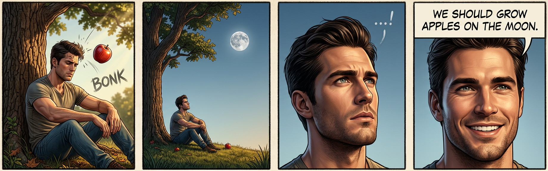 An apple fell on Isaac Newton's head and gave him the idea that the moon might be a tasty apple, though this turned out not to be true--the Apollo program eventually determined that it was just a desolate and bland Red Delicious.