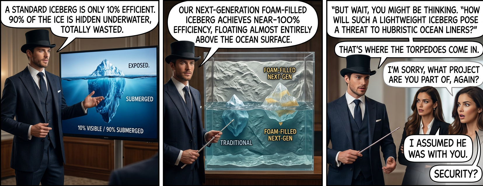 Our experimental aerogel iceberg with helium pockets manages true 100% efficiency, barely touching the water, and it can even lift off of the surface and fly to more efficiently pursue fleeing hubristic liners.