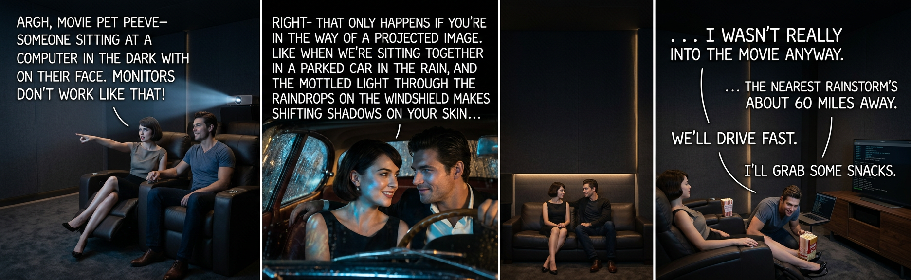 Out in a field, not another car for miles, silence but for the rain drumming on the sunroof, warm thick folds of the blanket hiding wordless fingertip games ...