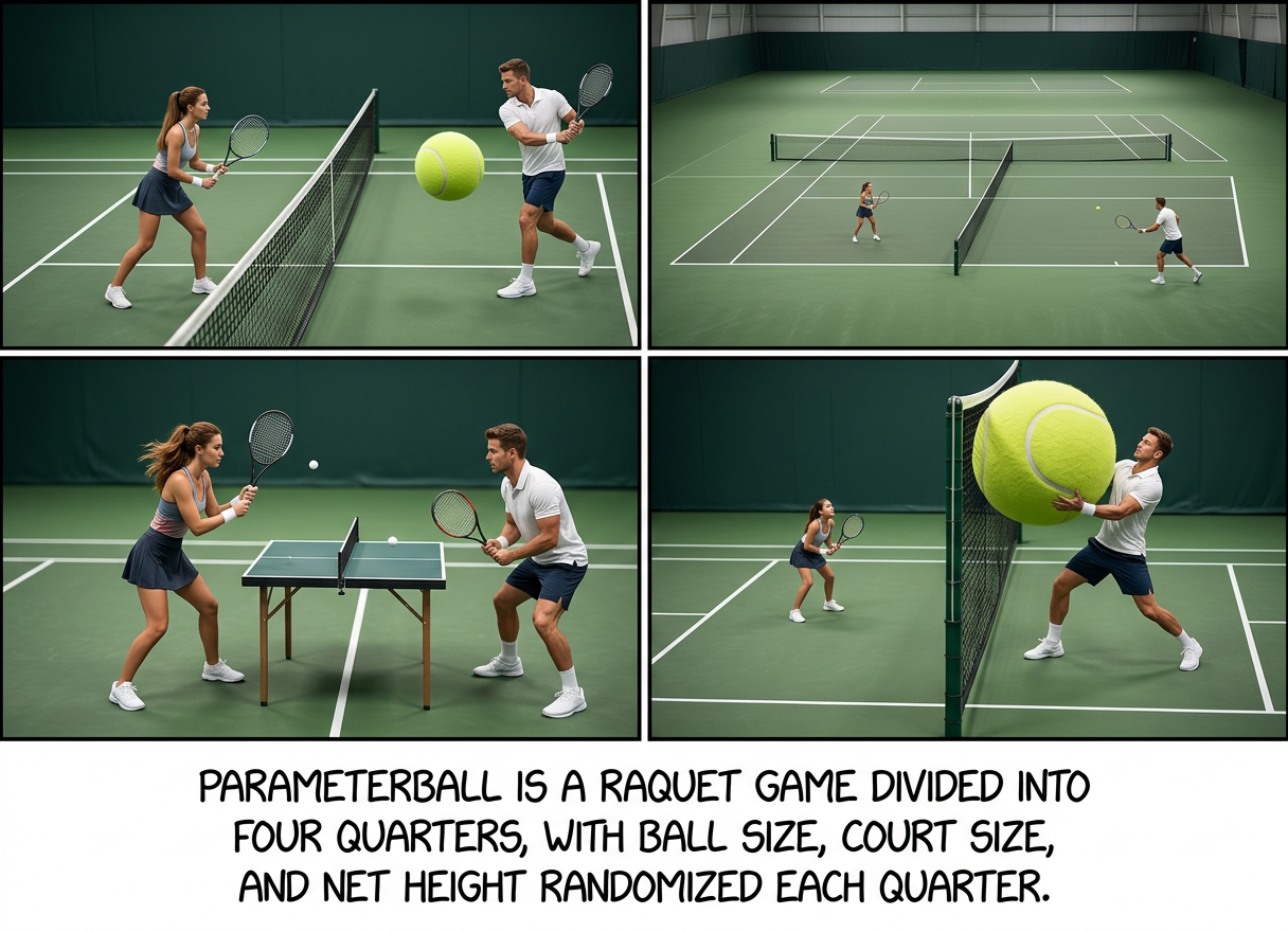 The ball's density also varies, but players don't learn the value until after choosing their raquets. The infamous 'bowling ball table tennis' region of the parameter space often leads to equipment damage.