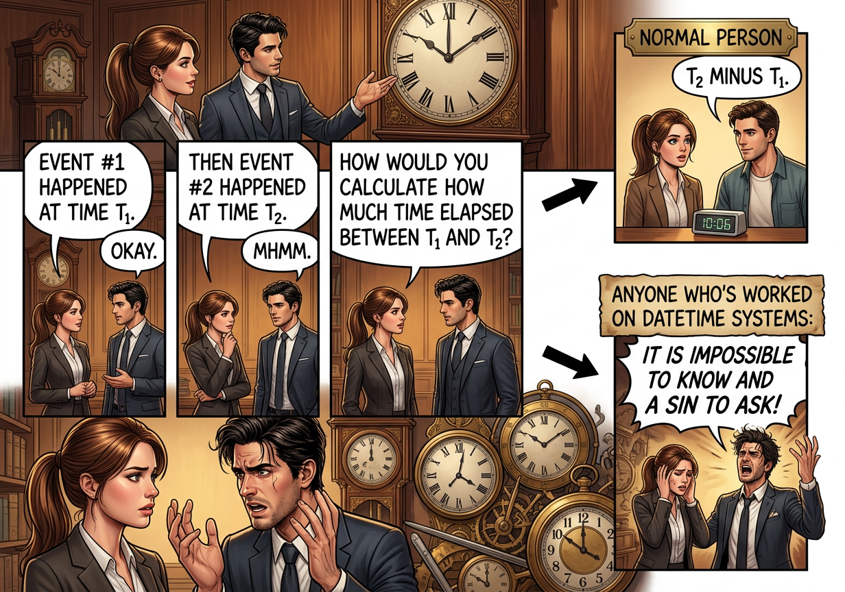 It's not just time zones and leap seconds. SI seconds on Earth are slower because of relativity, so there are time standards for space stuff (TCB, TGC) that use faster SI seconds than UTC/Unix time. T2 - T1 = [God doesn't know and the Devil isn't telling.]