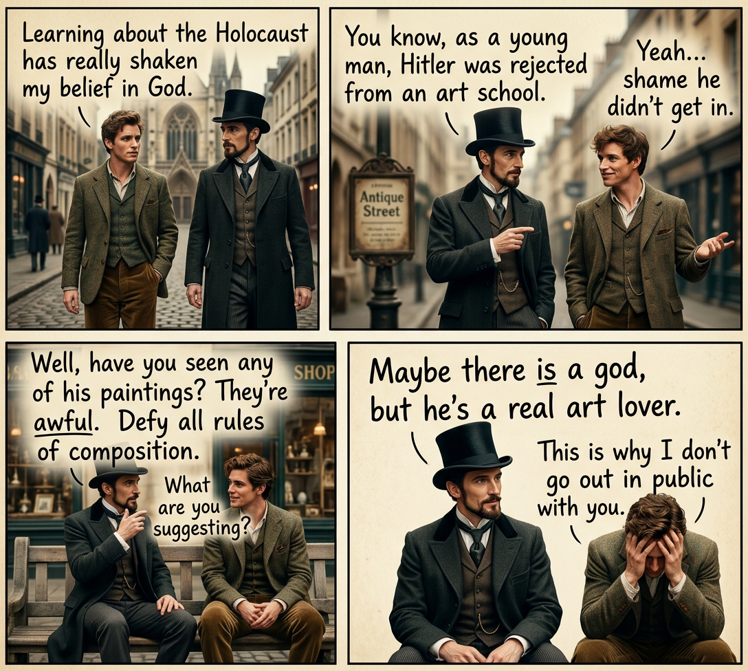 So he's saying that God thought Hitler's art was so bad that the Holocaust was an acceptable alternative.  It's no secret that the hat guy is closely based on Aram, from Men in Hats.