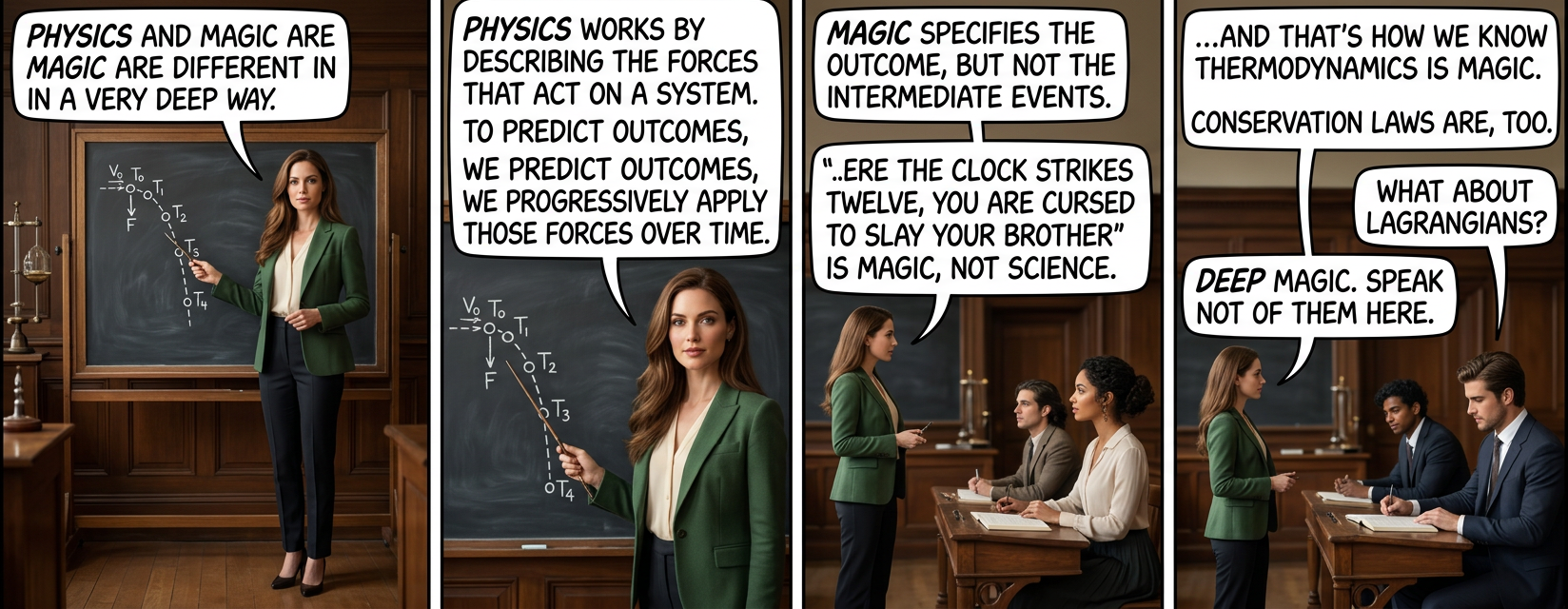 'At the stroke of midnight, your brother will be hurtling sideways at an altitude of 150 meters' is a regular physics prediction about your nonmagical trebuchet, whereas 'you are cursed to build a brother-launching trebuchet' falls out of the Lagrangian.