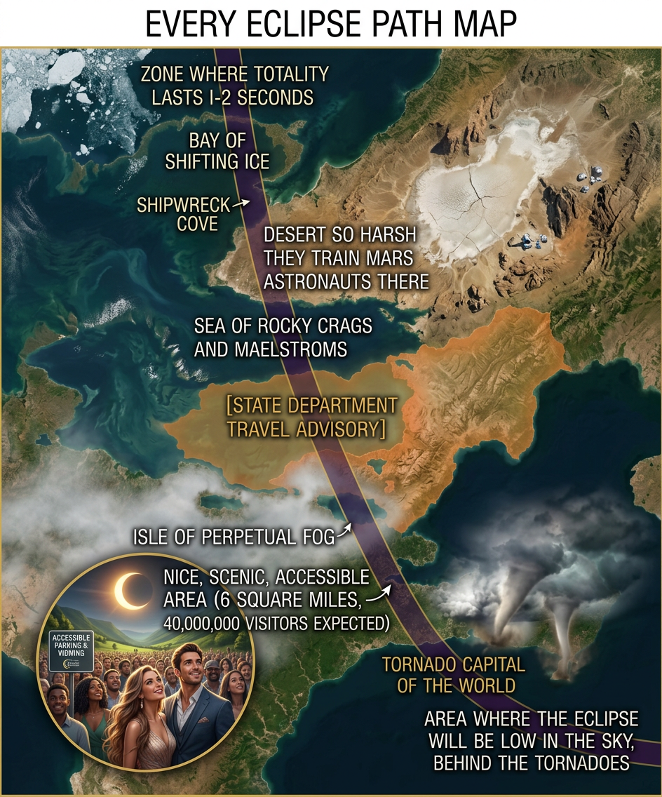 Okay, this eclipse will only be visible from the Arctic in February 2063, when the sun is below the horizon, BUT if we get lucky and a gigantic chasm opens in the Earth in just the right spot...