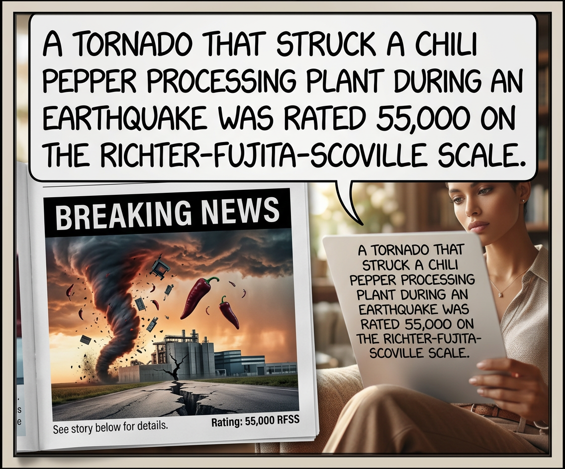 Buildings constructed from softer materials were damaged by chili pepper impacts to the storm's high Richter-Fujita-Scoville-Mohs hardness rating.