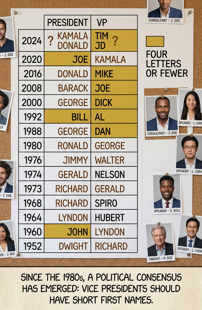 [Political pundit on the ScrabbleTV News channel] "After four years of defying orthographic pressure, Joe ceded the top of the ticket to Kamala, who--after considering Josh, Mark, Andy, Roy, and Pete--picked Tim."
