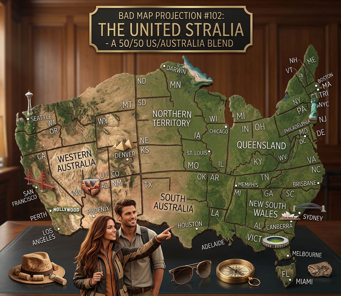 This projection distorts both area and direction, but preserves Melbourne.