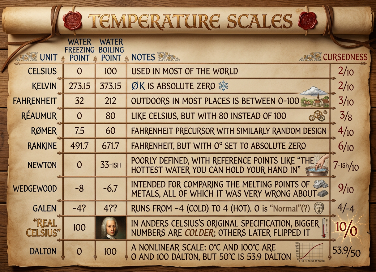 In my new scale, °X, 0 is Earths' record lowest surface temperature, 50 is the global average, and 100 is the record highest, with a linear scale between each point and adjustment every year as needed.