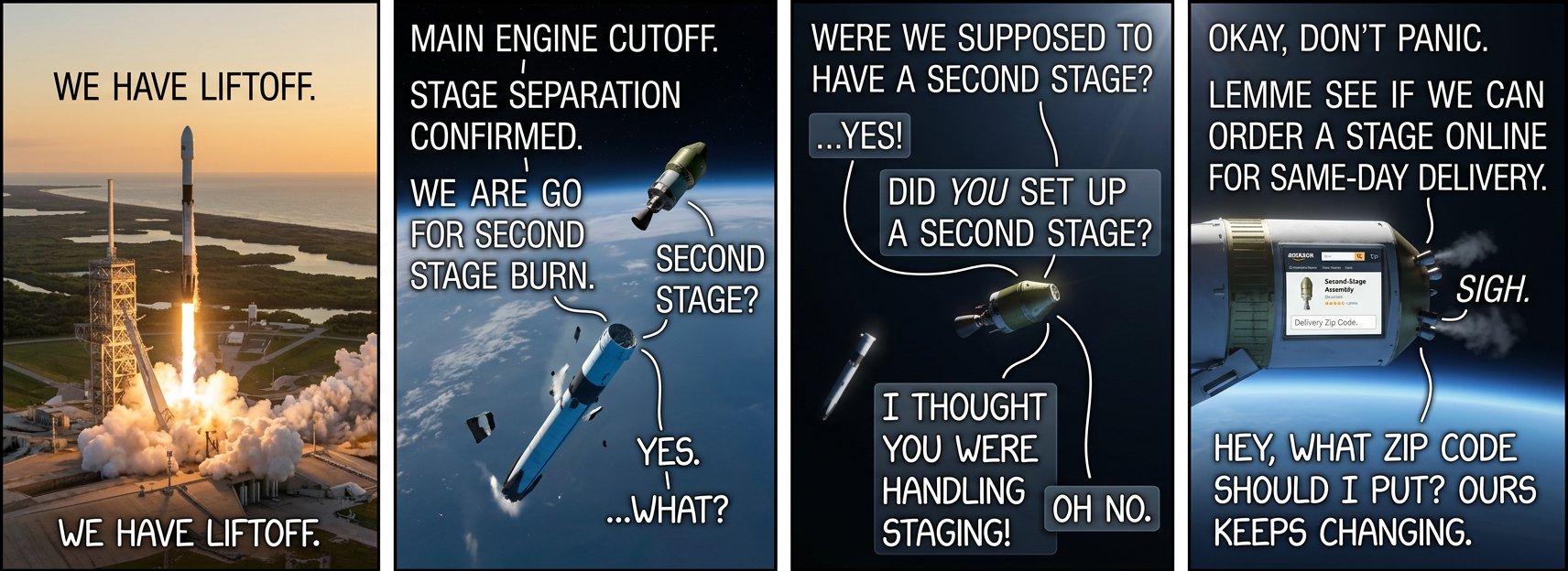 Hmm, they won't do in-flight delivery, so let's order a new first and second stage to our emergency landing site and then try to touch down on top of them to save time.