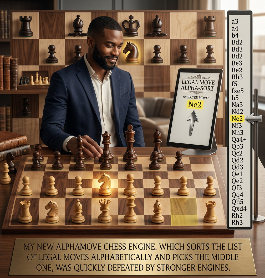 It struggles a little with complex positions, like when there are an even number of moves and it has to round down, but when run against itself it's capable of finding some novelties. At one point I saw six knights on the board at once; Stockfish rarely exceeds four.