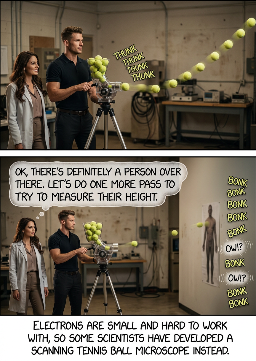 After initial tests created a series of large holes in the wall of the lab, the higher-power Scanning Tunneling Tennis Ball Microscope project was quickly shut down.