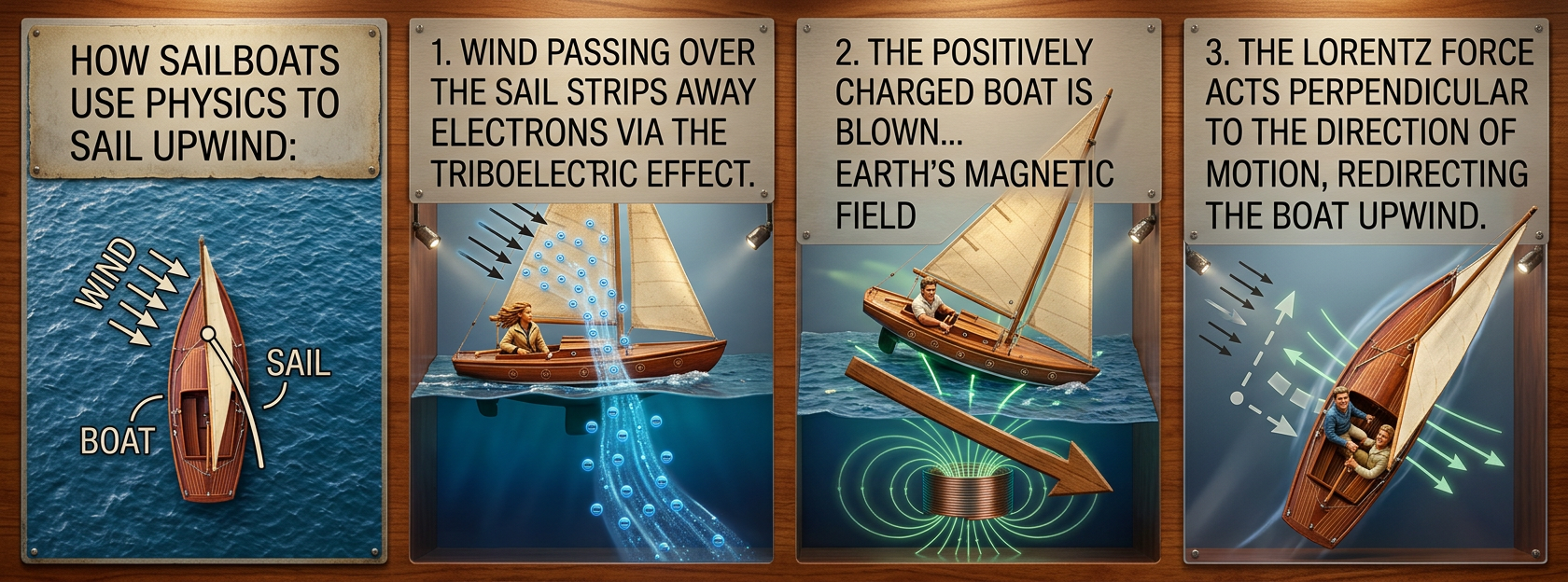 Turning in other directions can be accomplished by using a magnetized centerboard and ocean currents, since a current flowing through a magnetic field induces a Laplace force.