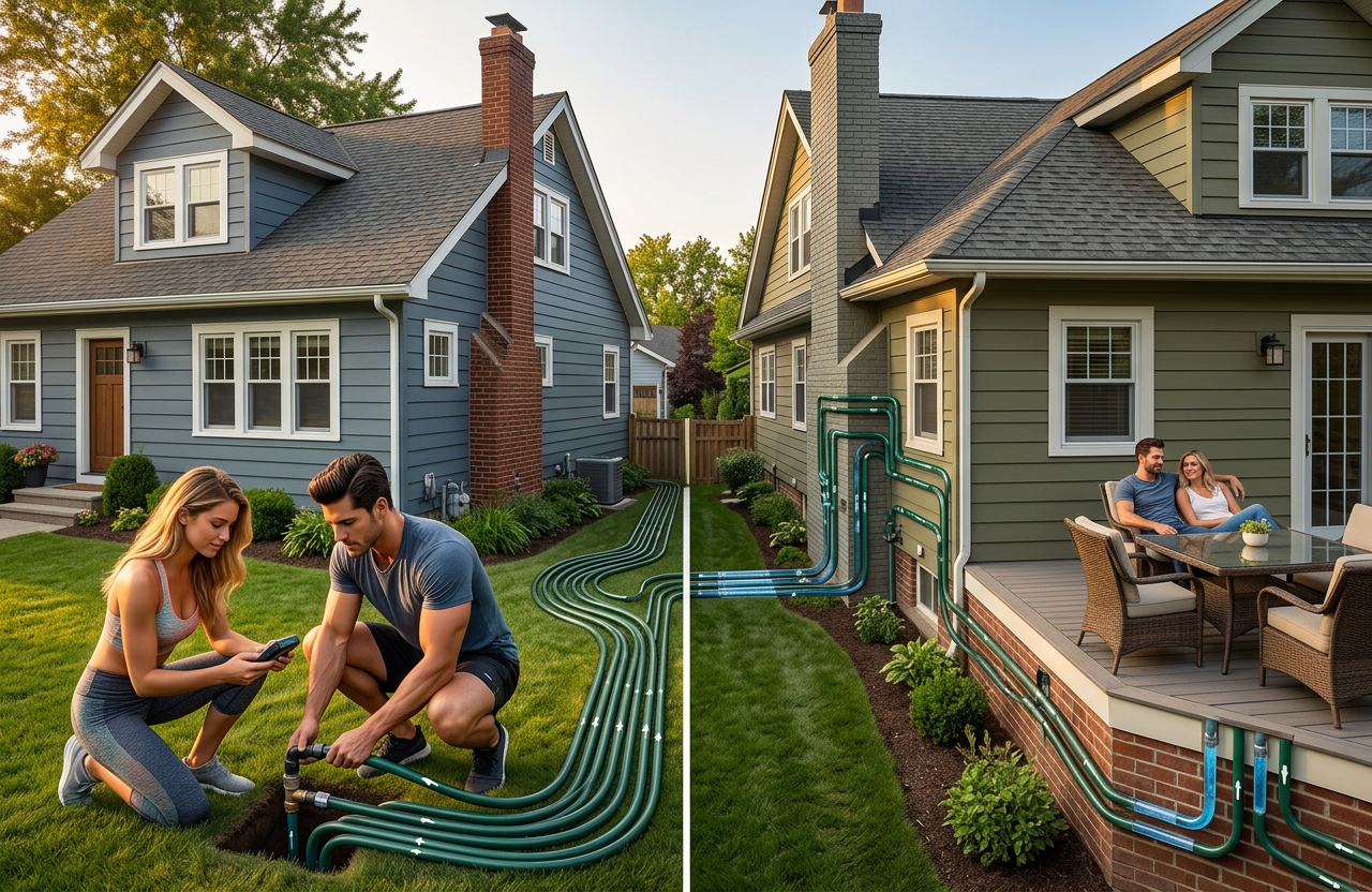 The installation of the pipes on the inside of the insulation can be challenging, especially when the neighbor could come home at any minute.