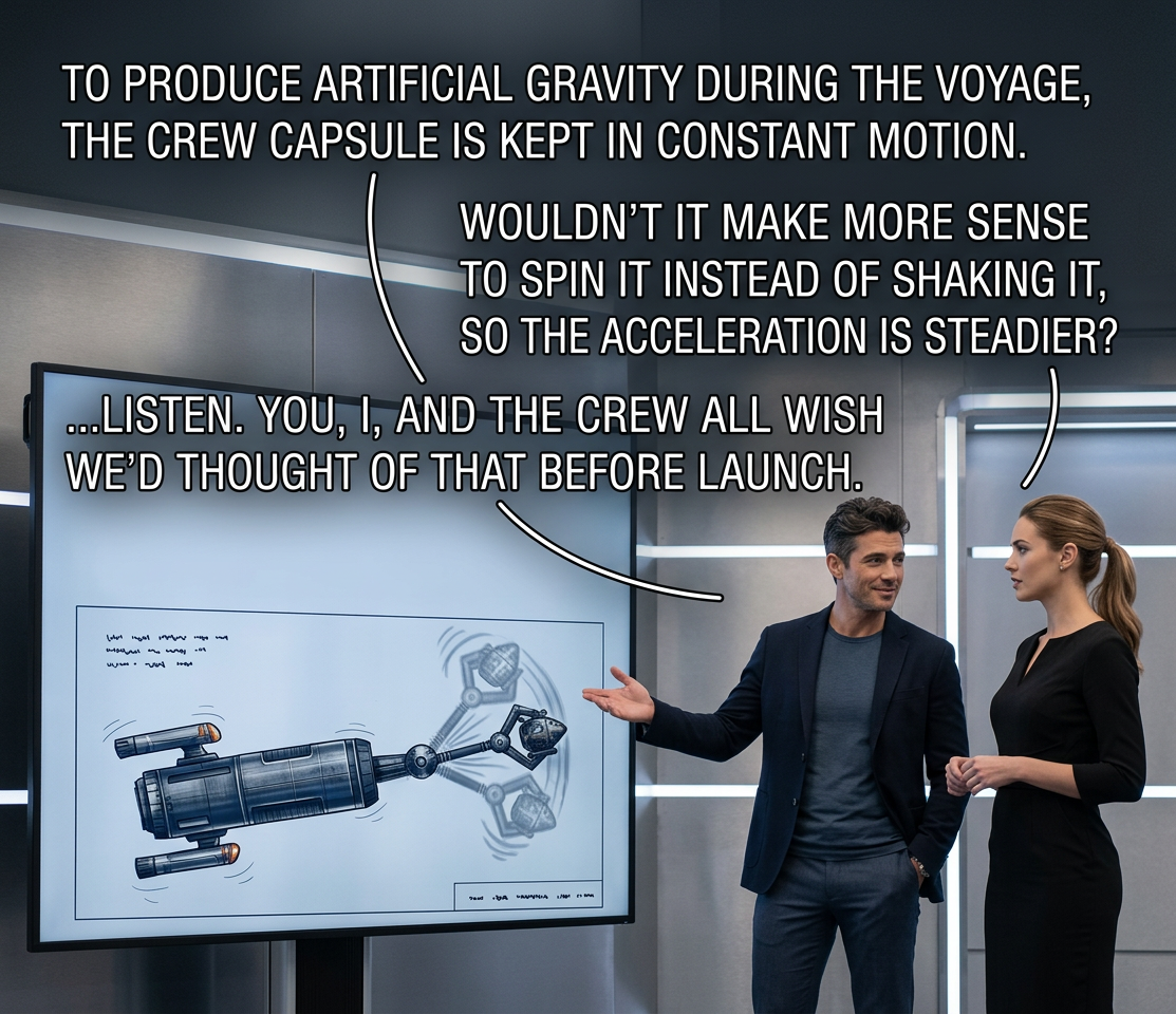 Low gravity can cause bone loss, so we're pleased to report that, since we initiated capsule motion, the number of bones in each crew member has been steadily increasing.