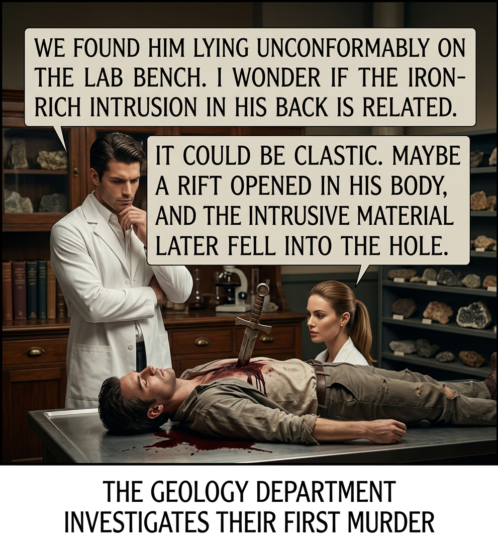 After determining that his body was full of pipes carrying iron-rich fluid, our current theory is that the dagger-shaped object precipitated within the wound.