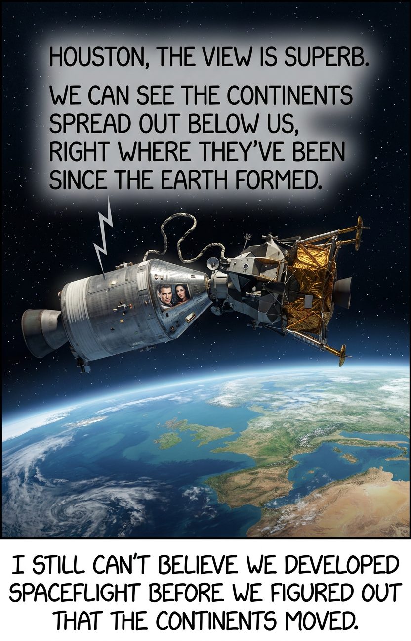 The inflection point was probably in late 1966 or 1967, so when Neil Armstrong flew to space on Gemini 8, plate tectonics was not widely accepted, but when he landed on the Moon three years later it was the mainstream consensus.