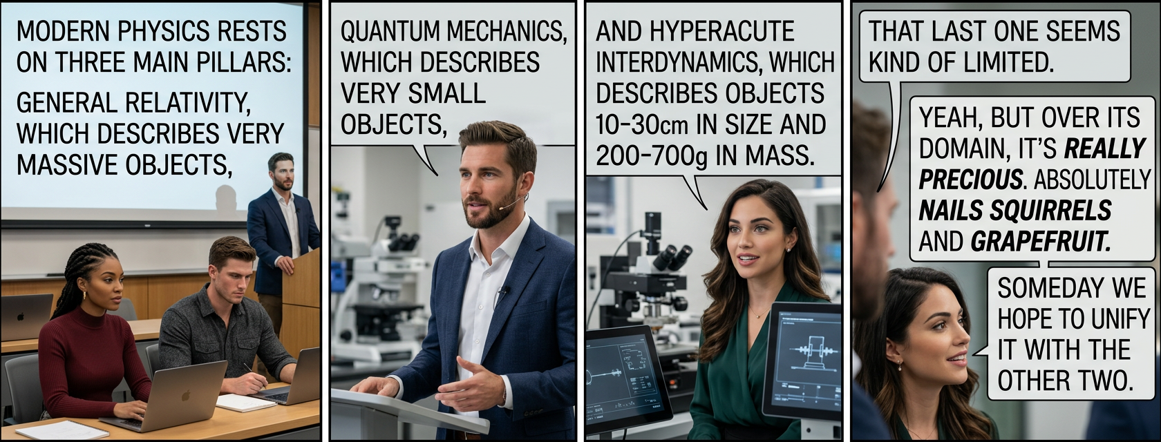 Our models fall apart where the three theories overlap; we're unable to predict what happens when a nanometer-sized squirrel eats a grapefruit with the mass of the sun.