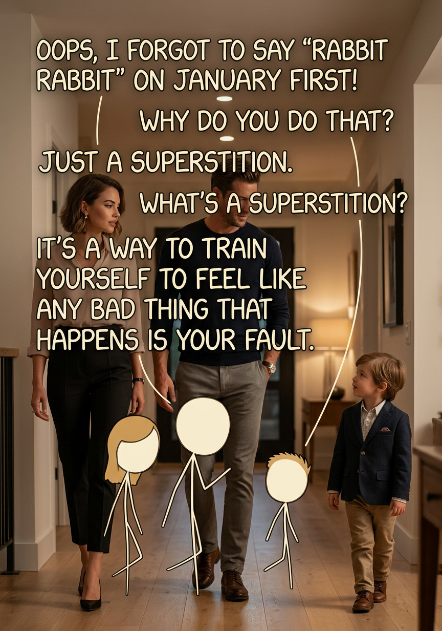 It's important to teach yourself to feel responsible for random events, because with great responsibility comes great power. That's what my wise Uncle Ben told me right before he died; he might still be alive today if only I'd said rabbit rabbit that year!