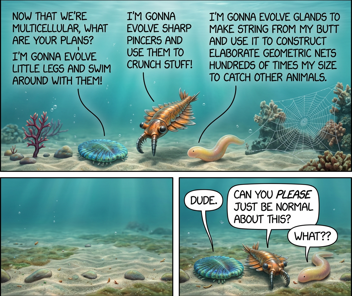 'Ugh, I'm never going to be like spiders. My descendants will all just be normal arthropods who mind their own busines and don't do anything weird.' --The ancestor of a bunch of eusocial insects