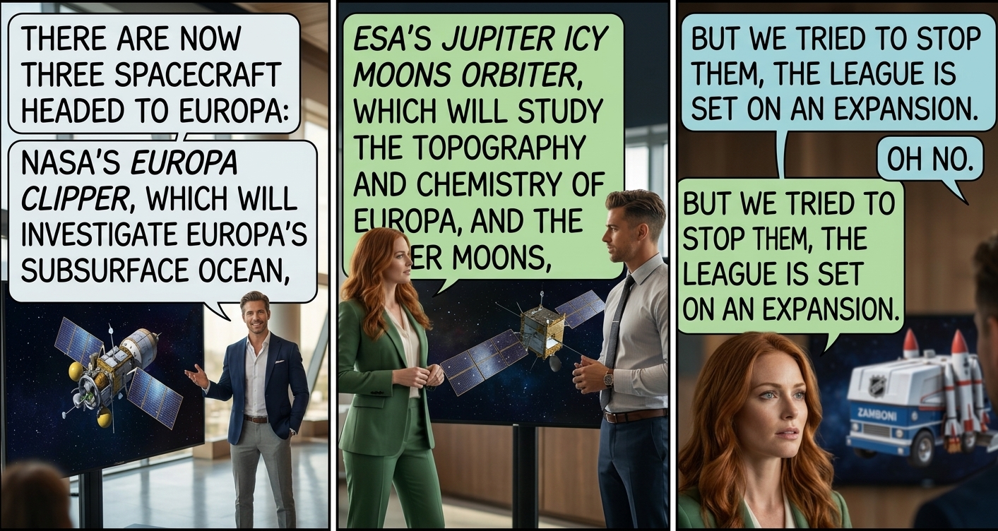 Before resurfacing, they promise to inspect the ice for any evidence of hockey-playing life.