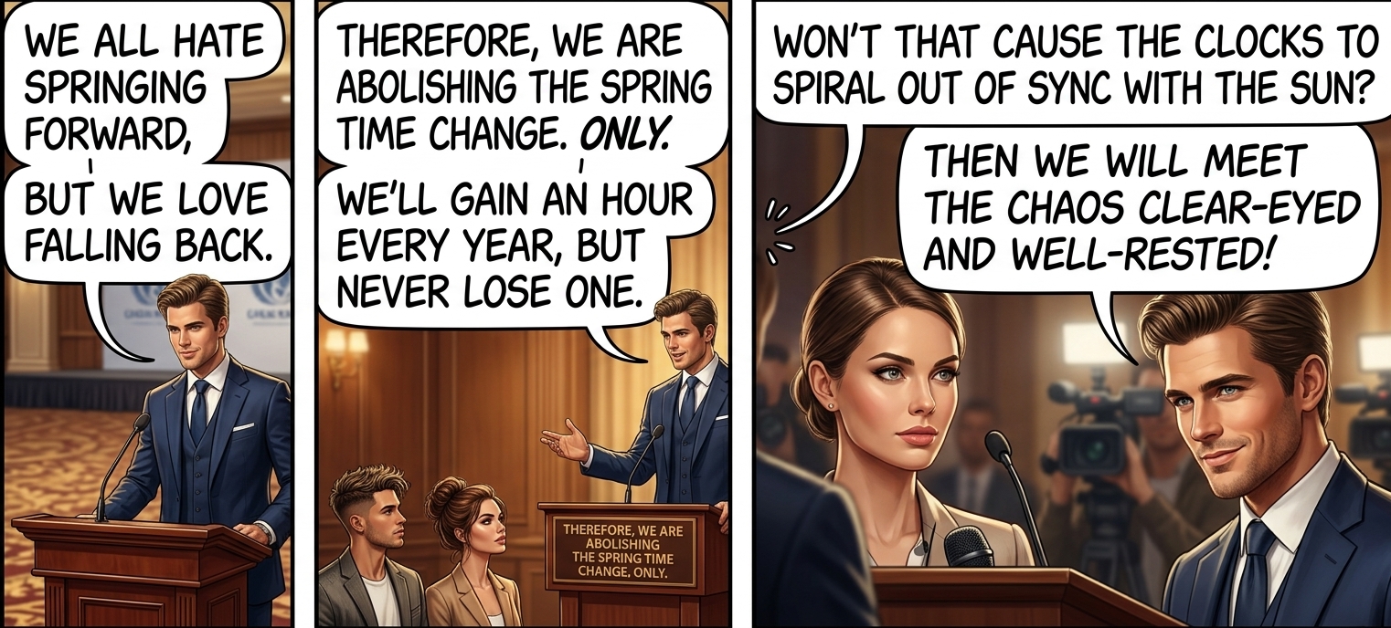 All discussions of daylight saving time policy are doomed by a mix of contradictory, inconsistent, and impossible preferences, which is why I think the only thing we can really hope to do is to make it worse.