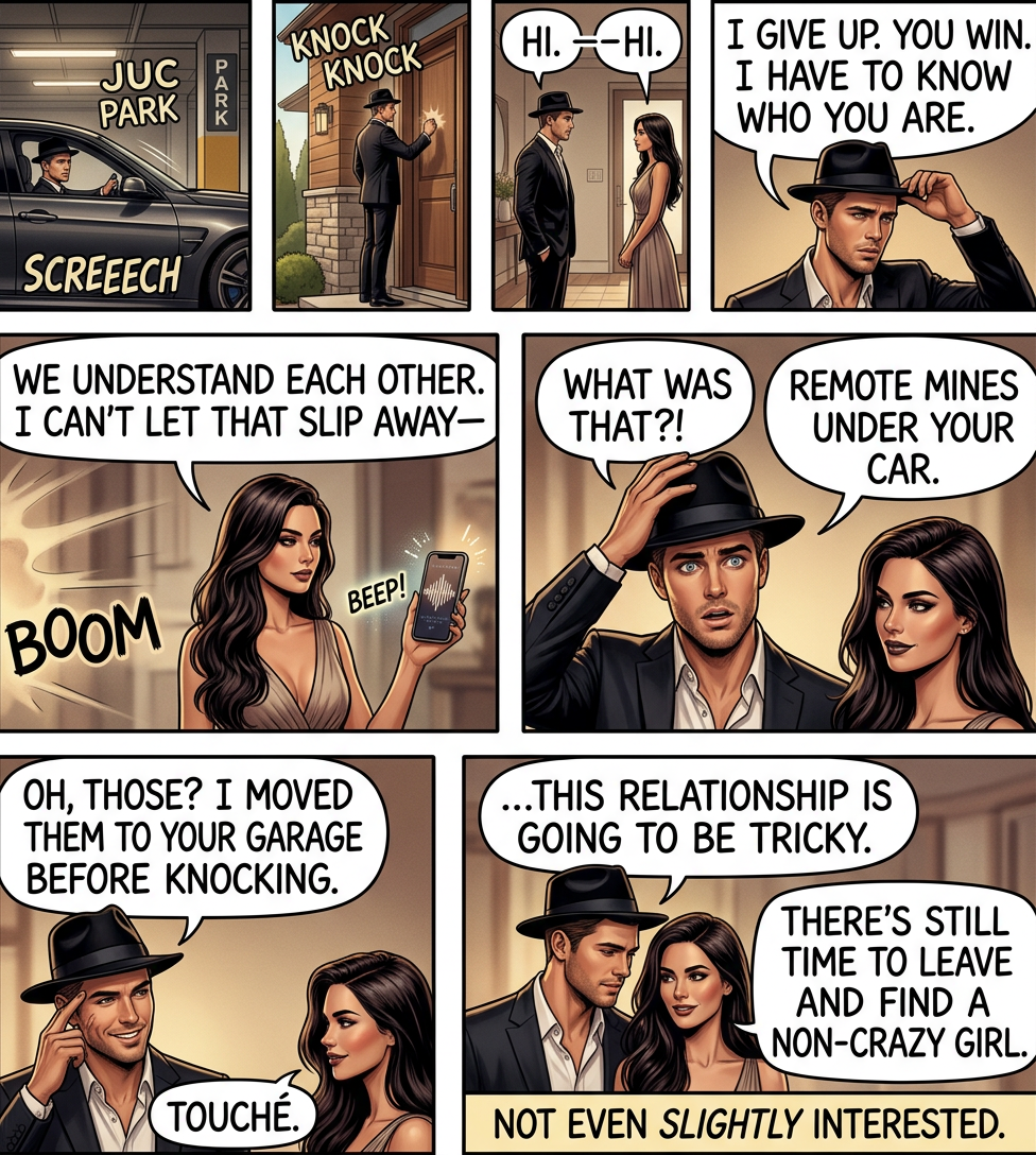 'Pick you up at eight?' 'Nine.  I've got to re-mine the driveway.'