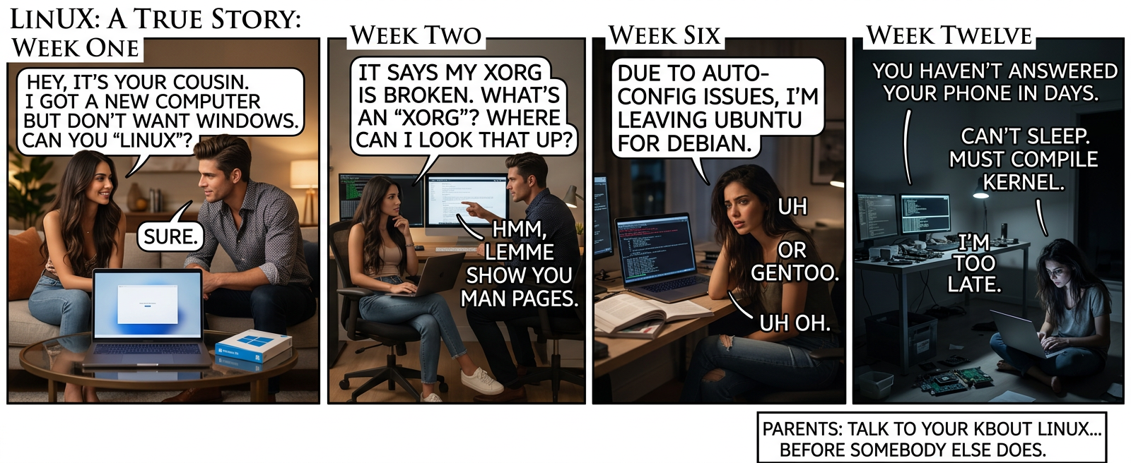 This really is a true story, and she doesn't know I put it in my comic because her wifi hasn't worked for weeks.