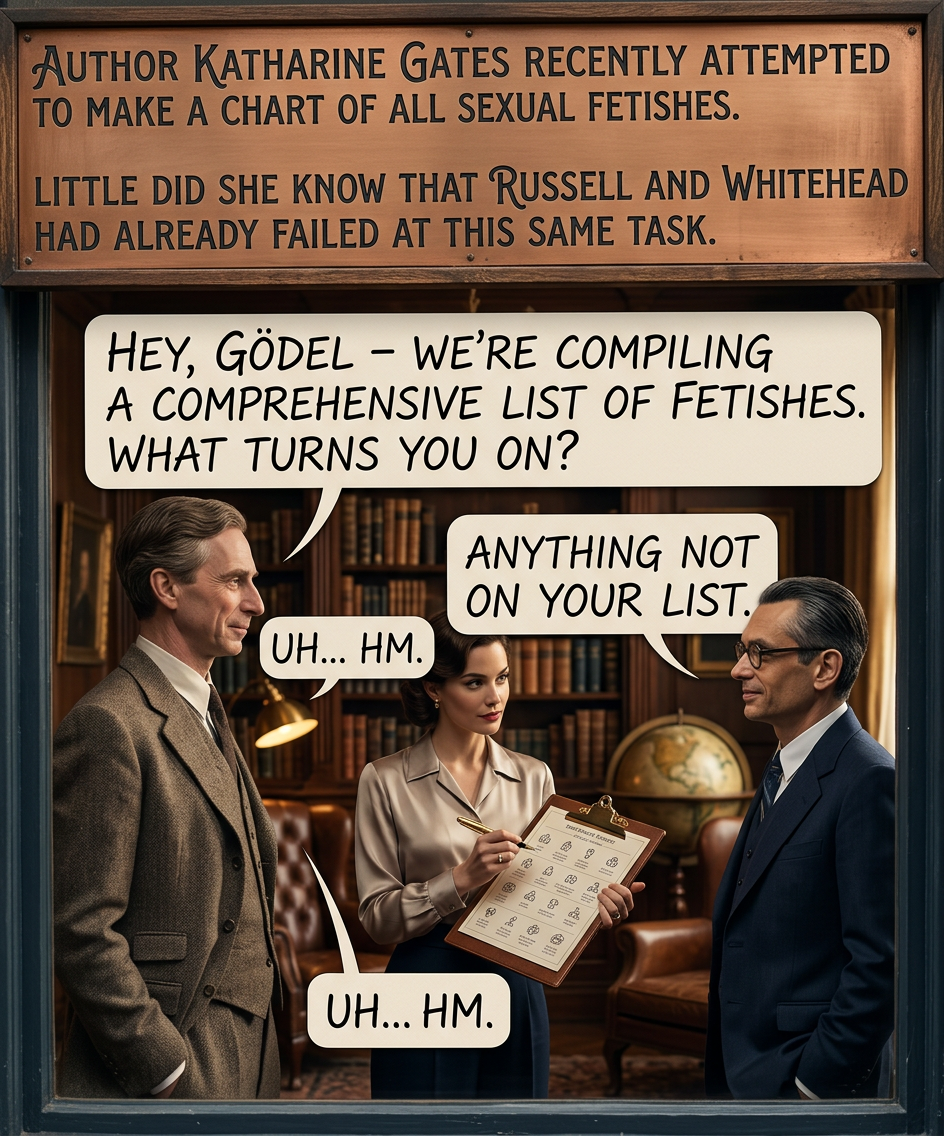 They eventually resolved this self-reference, but Cantor's 'everything-in-the-fetish-book-twice' parties finally sunk the idea.