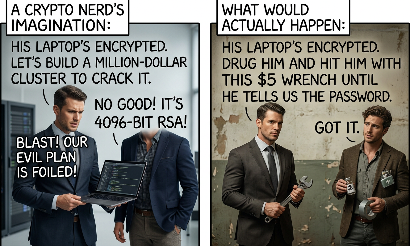 Actual actual reality: nobody cares about his secrets.  (Also, I would be hard-pressed to find that wrench for $5.)