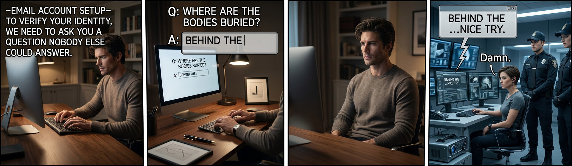 Let's invite him to a party and play 'I never'.  Okay, I never hid any bodies SOUTH of Main Street. ... he's taking a drink!