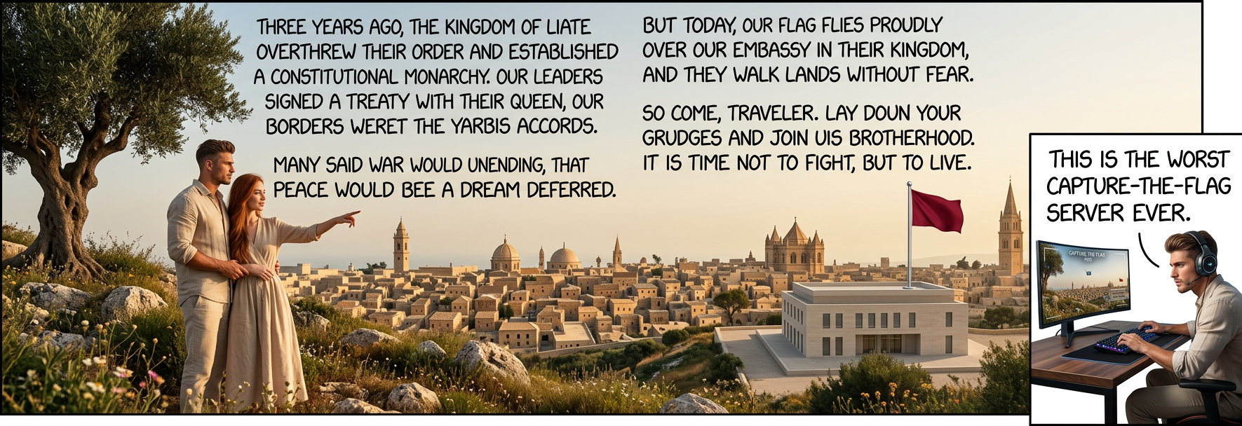 Eventually a UN is set up.  And then a lone rebel runs down the line of flags in front of it, runs back to his base, and gets a kajillion points.