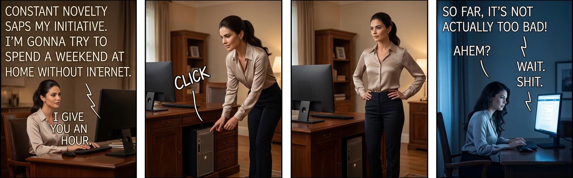 But if you unplug everything, it gets so quiet you hear that high-pitched empty-room hum.  And then the whispers begin.