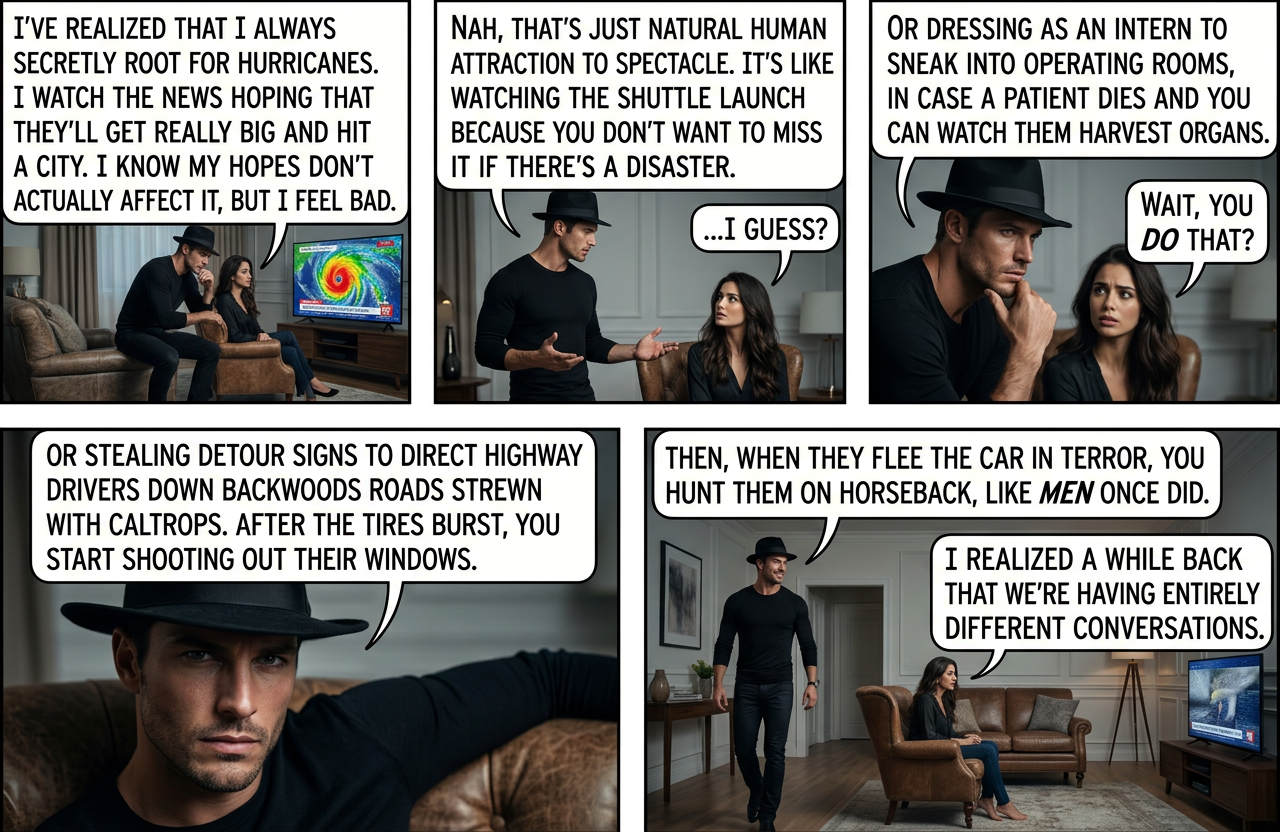 Hurricane forums are full of excited comments about central pressure and wind speed and comparisons to Camille and 1931 and 1938, with hastily-tacked-on notes about how it will be tragic if anyone dies and they hope it's a dud.