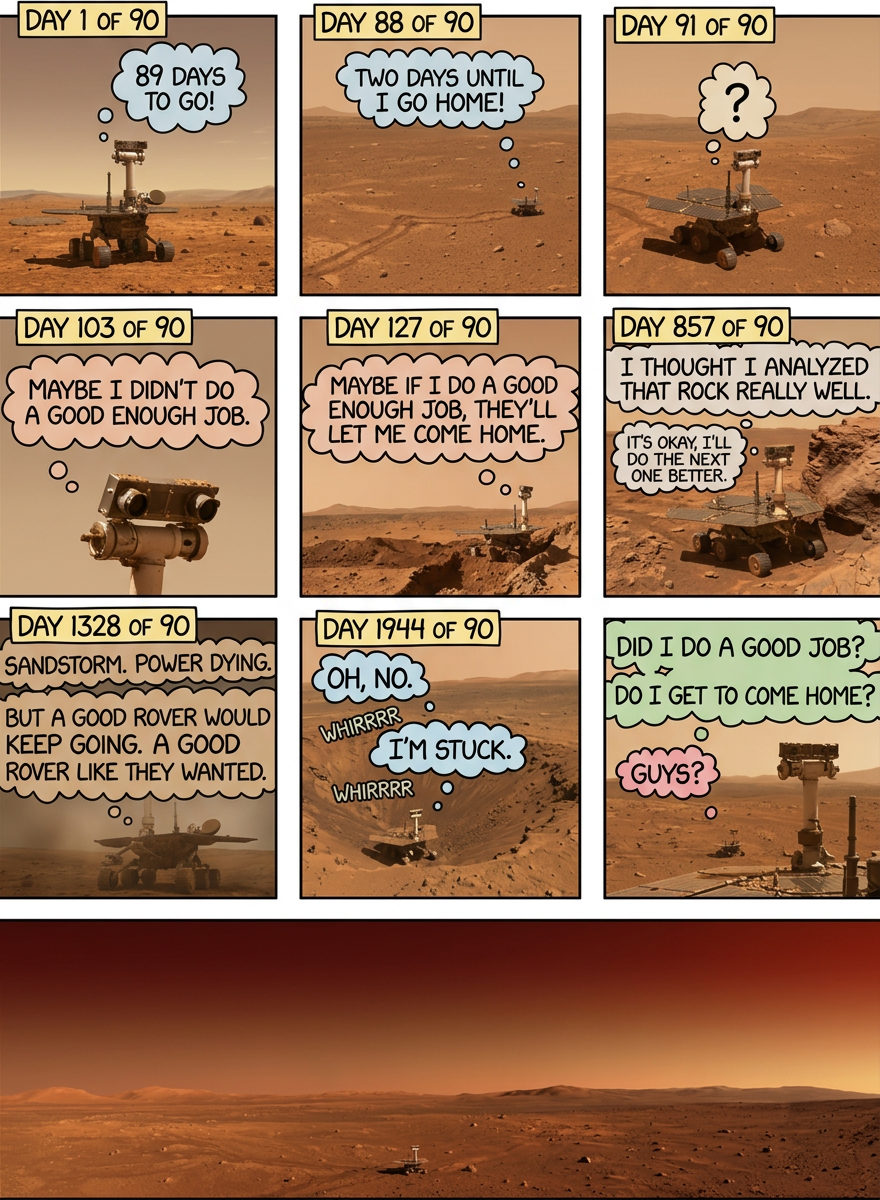 On January 26th, 2274 Mars days into the mission, NASA declared Spirit a 'stationary research station', expected to stay operational for several more months until the dust buildup on its solar panels forces a final shutdown.