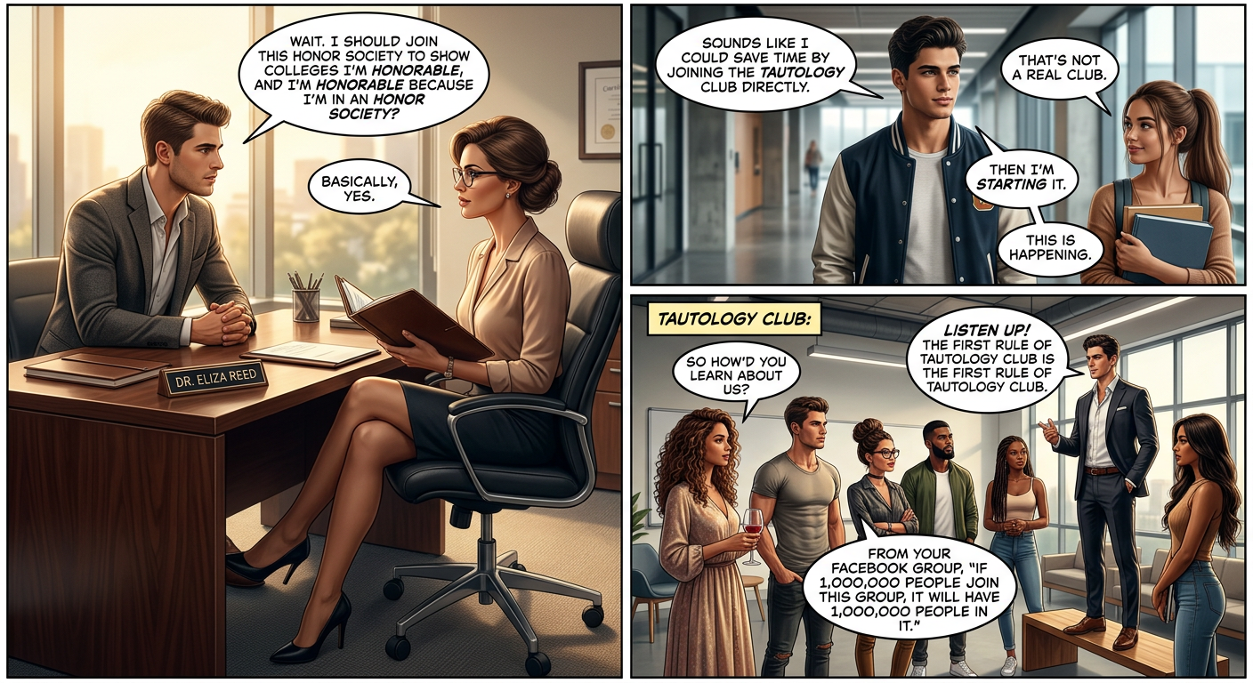 Hey, why do YOU get to be the president of Tautology Clu-- wait, I can guess.