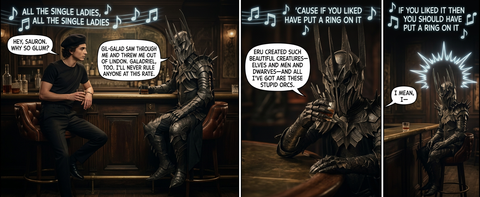 Using a ring to bind someone you covet into your dark and twisted world? Wow, just got the subtext there. Also, the apparently eager Beyoncé would've made one badass Nazgȗl.