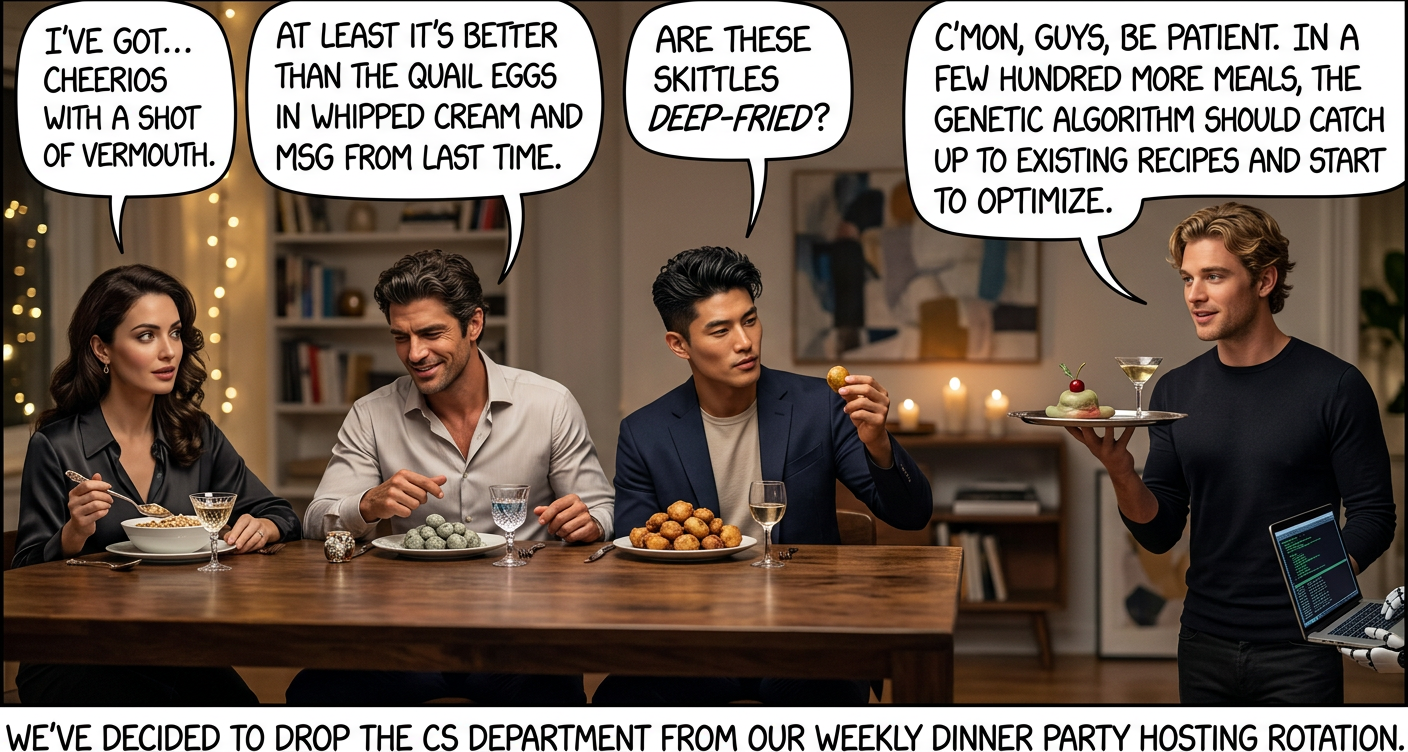 To be fair, the braised and confused newt on a bed of crushed Doritos turned out to be delicious.