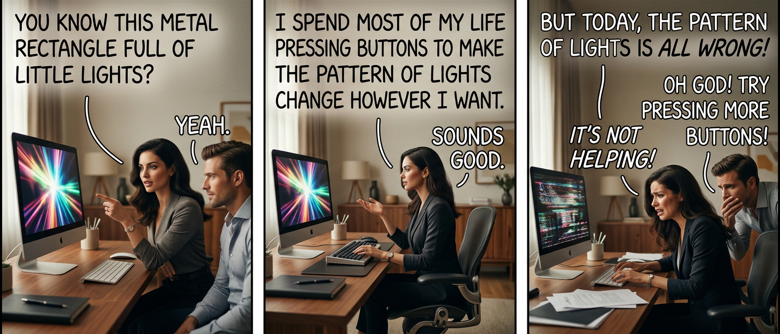 This is how I explain computer problems to my cat. My cat usually seems happier than me.