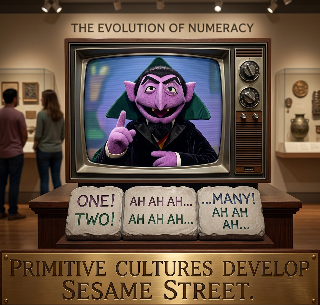 Cue letters from anthropology majors complaining that this view of numerolinguistic development perpetuates a widespread myth. They get to write letters like that because when you're not getting a real science degree you have a lot of free time. Zing!