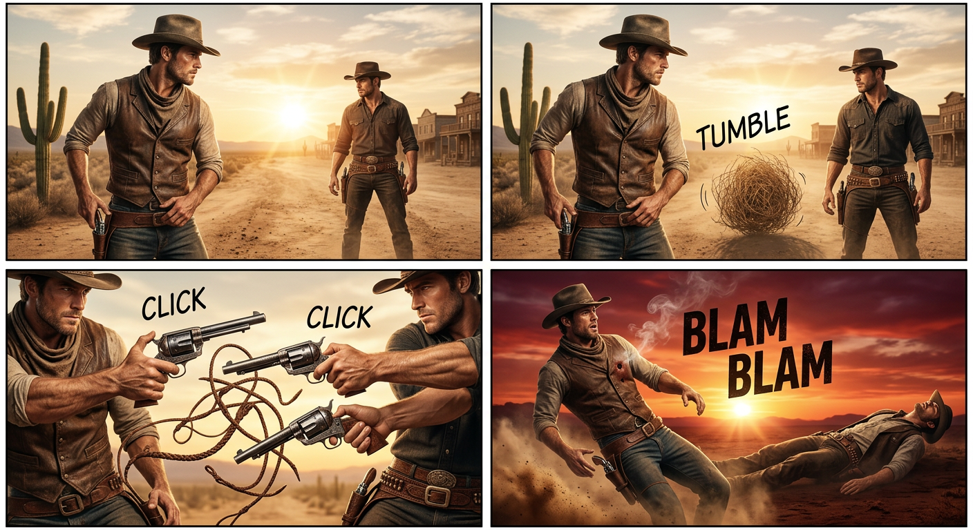 The tumbleweed then tried to roll off into the sunset, but due to the Old West's placement north of the subtropical ridge, the prevailing winds were in the wrong direction.