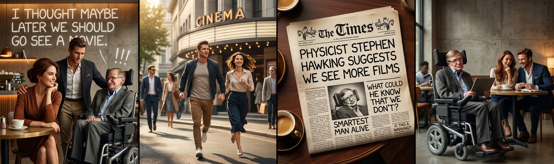 'Guys?  The Town is supposed to be good, and I thou--' 'PHYSICIST STEPHEN HAWKING DECLARES NEW FILM BEST IN ALL SPACE AND TIME' 'No, I just heard that--' 'SHOULD SCIENCE PLAY A ROLE IN JUDGING BEN AFFLECK?' 'I don't think--' 'WHAT ABOUT MATT DAMON?'