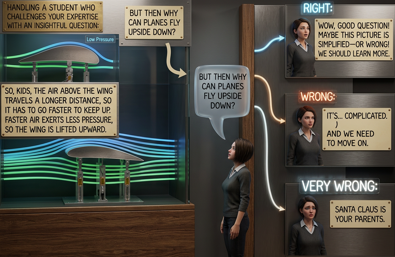 This is a fun explanation to prepare your kids for; it's common and totally wrong. Good lines include 'why does the air have to travel on both sides at the same time?' and 'I saw the Wright brothers plane and those wings were curved the same on the top and bottom!'