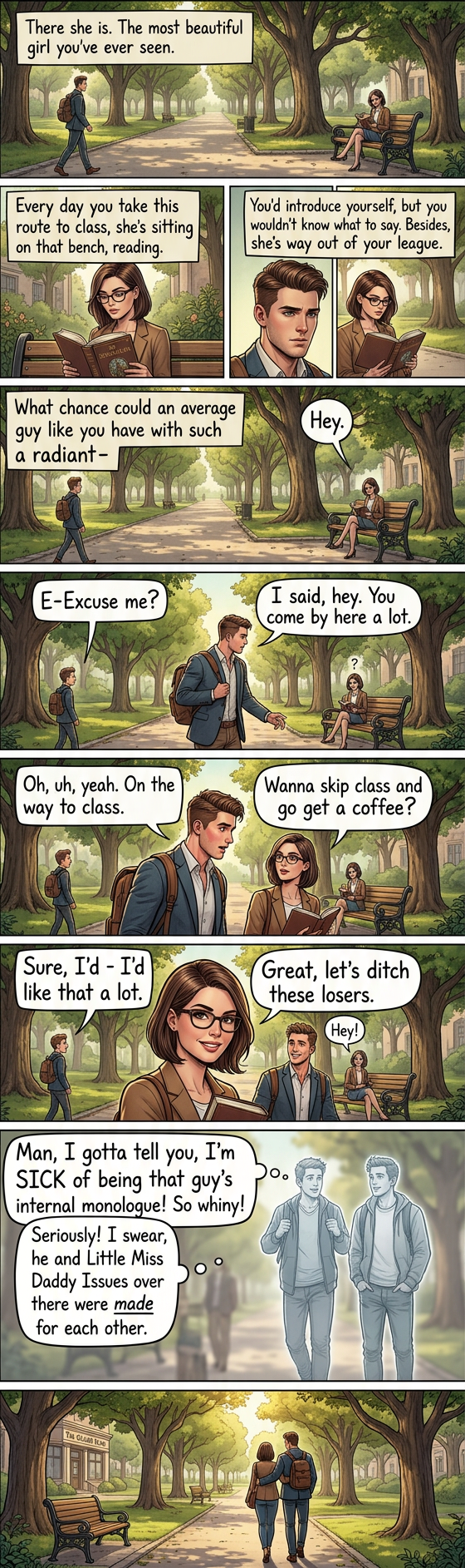 Guest comic by Jeph Jacques of Questionable Content, whose internal monologue hasn't been speaking to him for the past three years.