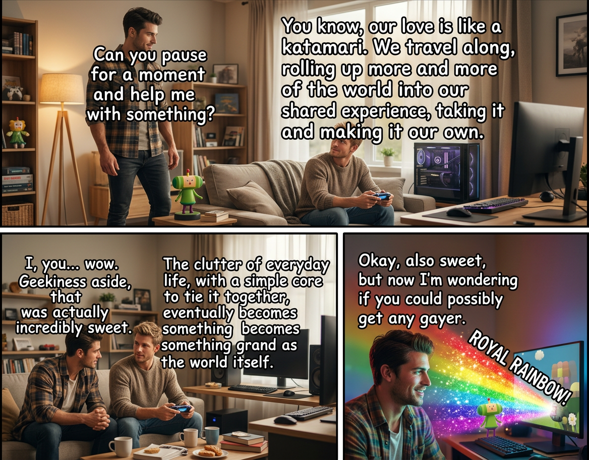 As the King of All Cosmos remarked, 'Is it that it's fun, or that it lets you forget yourself?'