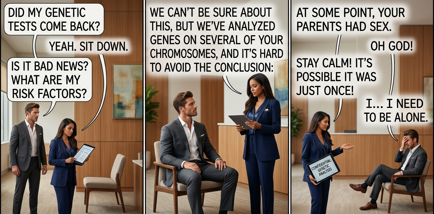 There's still a chance you were conceived via IVF. But we've checked your mom's college yearbook photos, and whether or not she and your father had sex, it's clear that ... listen, I know this is hard for you.