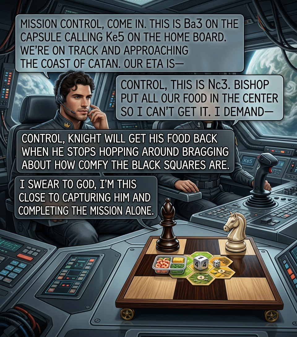 We're going to have to work together to get over our hangups if we're going to learn to move on Catan's hexagonal grid. It's bad enough that we lost our crew of pawns when we passed within firing range of Battleship.