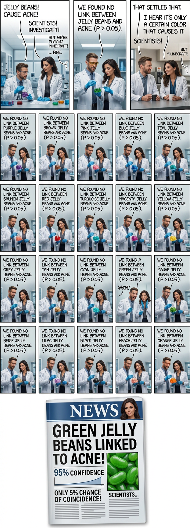 'So, uh, we did the green study again and got no link. It was probably a--' 'RESEARCH CONFLICTED ON GREEN JELLY BEAN/ACNE LINK; MORE STUDY RECOMMENDED!'