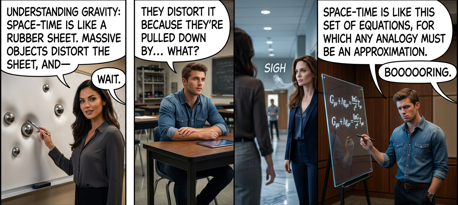 Space-time is like some simple and familiar system which is both intuitively understandable and precisely analogous, and if I were Richard Feynman I'd be able to come up with it.